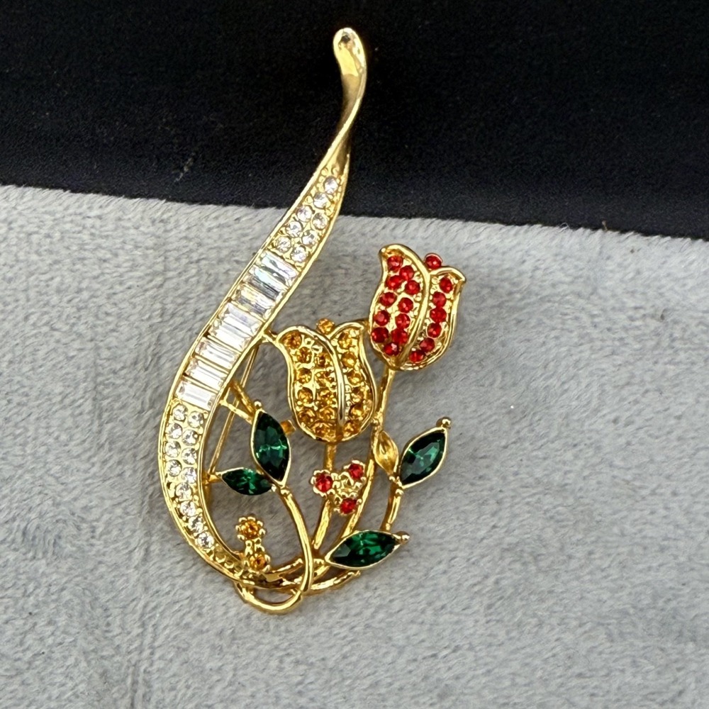 Vintage Rhinestone Brooch Spring Tulips Gold Tone Flowers‎